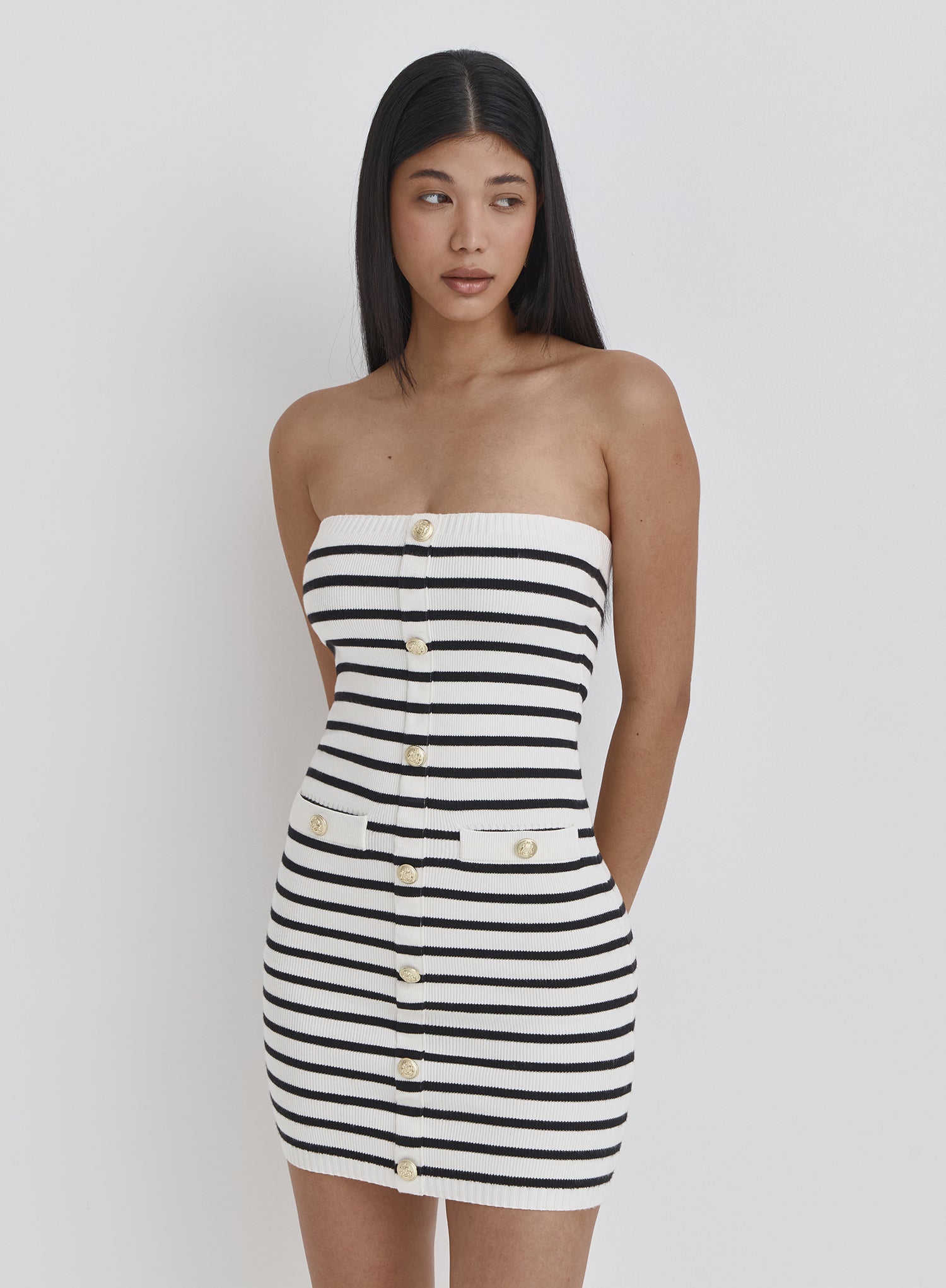 Multi Stripe Knitted Bandeau Button Mini Dress